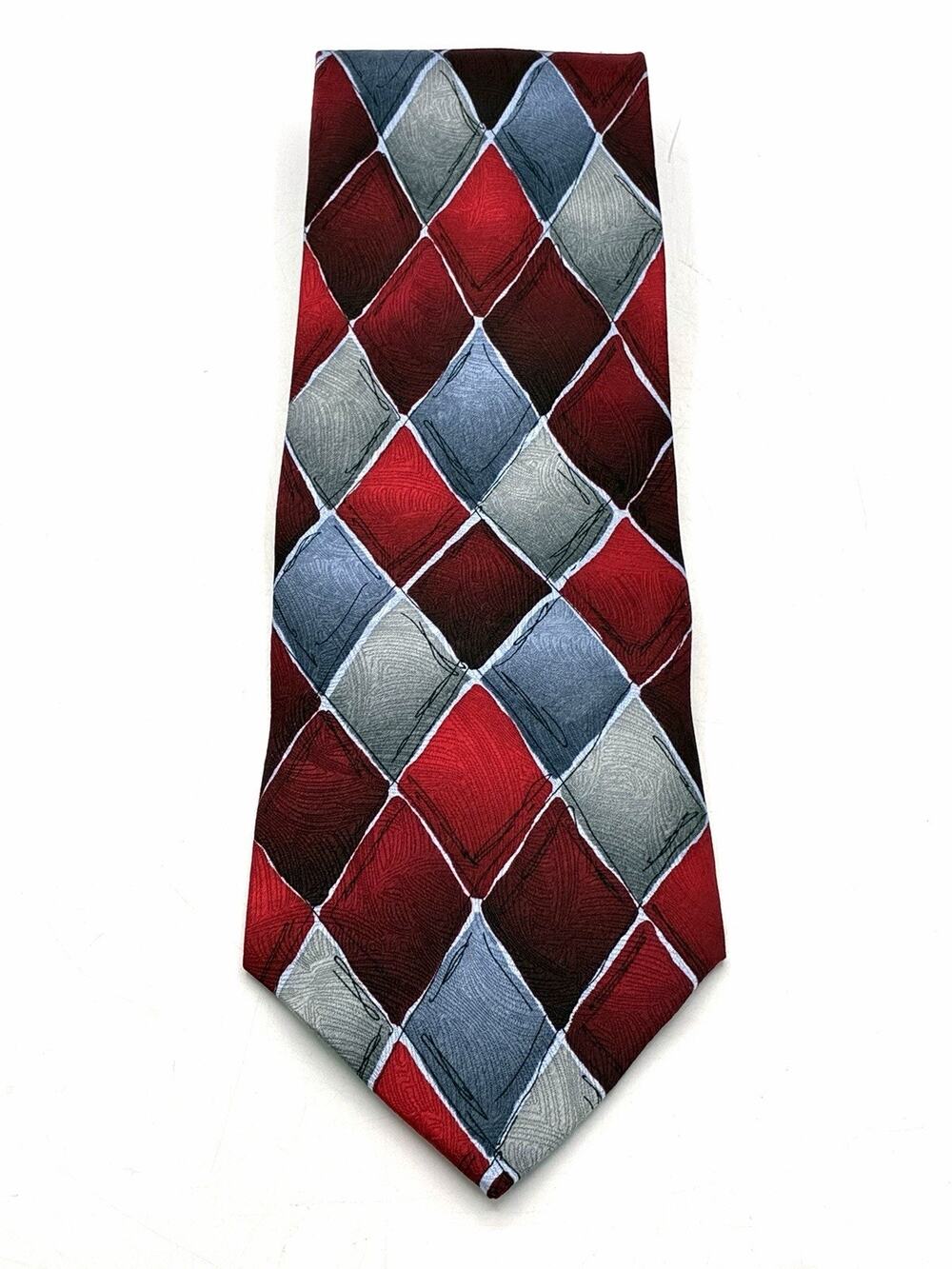 J Garcia Jerry Garcia 1996 Silk Tie Argyle Red Gray Diamond Vintage Korea